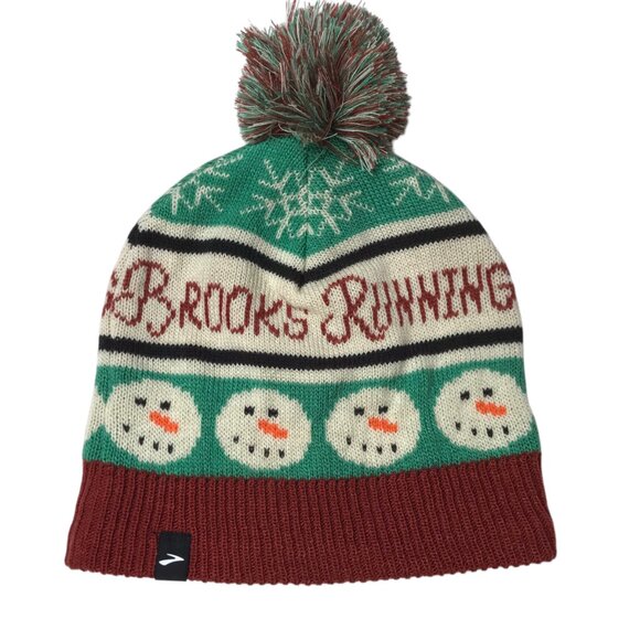 BROOKS Running Beanie Winter Hat with Pom Pom.  Snowman Faces. Knit.  Christmas - Picture 6 of 7